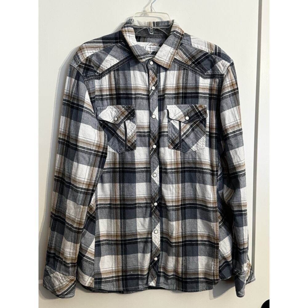 BKE Buckle Brown Blue Plaid Western Pearl Snap Sz L Cowboy Athletic Fit Rodeo